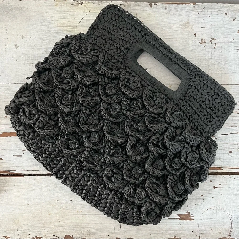 J. Crew Black Crocheted Floral Appliqué Straw Clutch